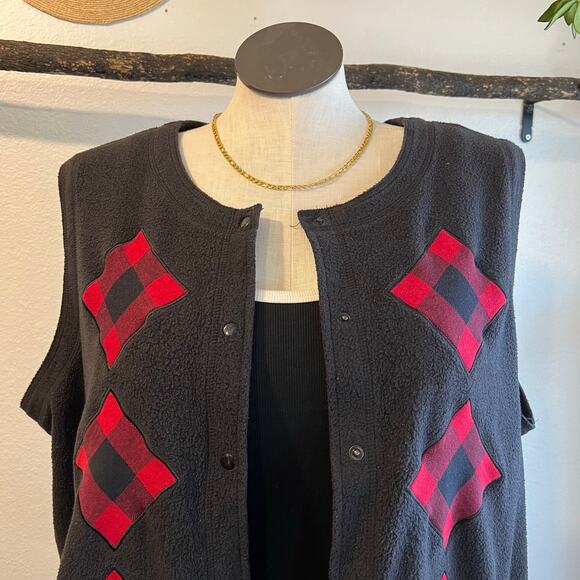 Black Plush Soft Plaid Patchwork Snap Button Sweater Vest Top Size 3X Holiday - Picture 5 of 11